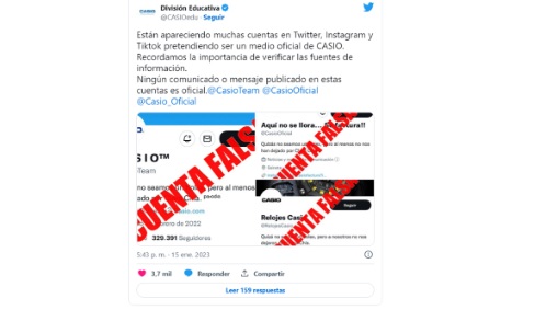 Cuentas falsas de CASIO en Twitter, tras el lanzamiento de la nueva canción de Shakira y Bizarrap