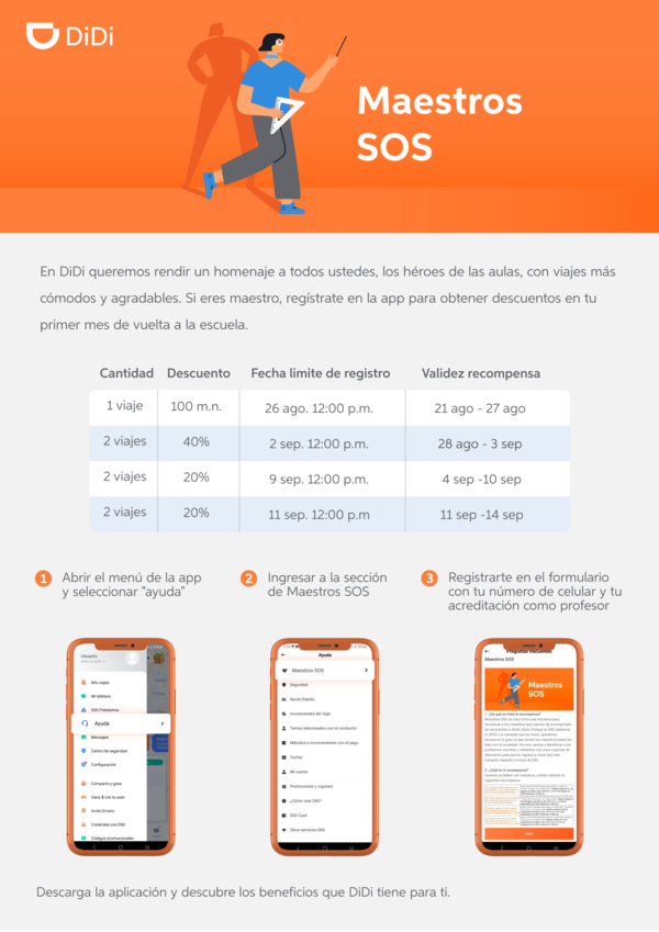 Foto de los beneficios a los que pueden accedes los profesores con Didi Maestros SOS