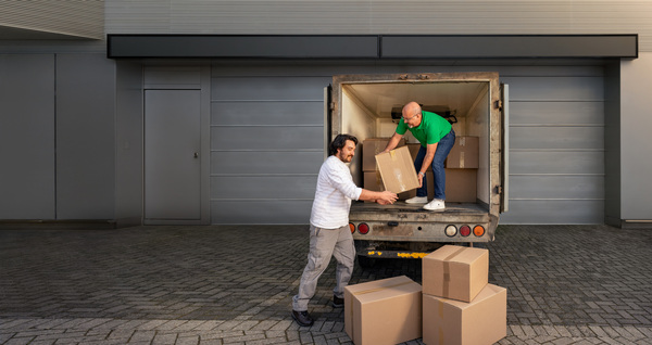 Dos hombres descargando una camioneta de fletes