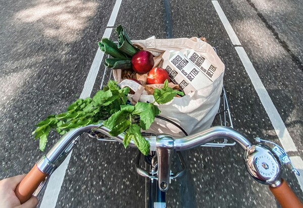 Bicicleta con alimentos en la canastilla