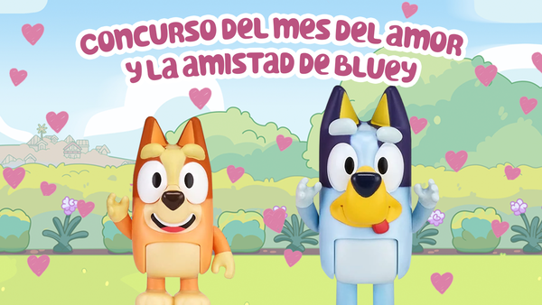 Bluey posando frente a un fondo de flores