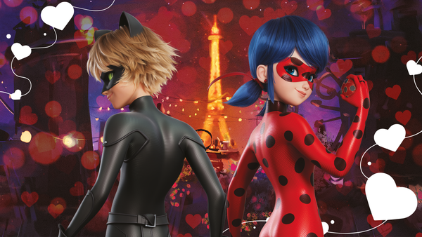 Ladybug y Catnoir en un fondo de corazones